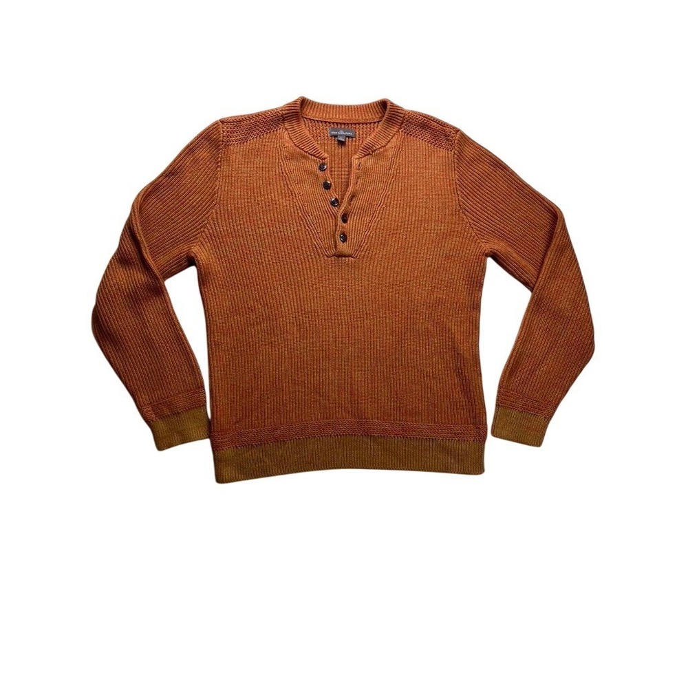 LL Bean Signature Henley Sweater Mens Large Orange Ribbed Cotton Knit
